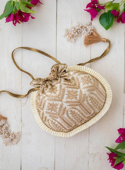 Cream Embroidered Poly Silk Potli Bag