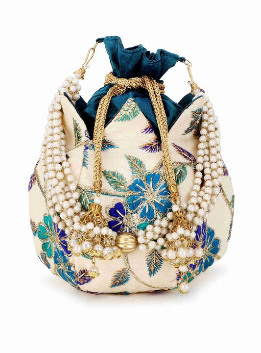 Lotus Cream and Turquoise Blue Floral Embroidered Faux Silk Potli