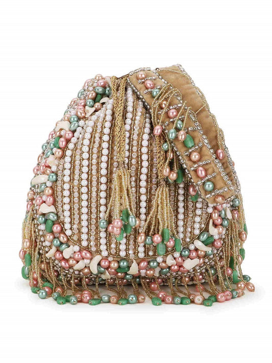 Bridal Beige, White & Multi Striped Embellished Velvet Potlidrawstring
