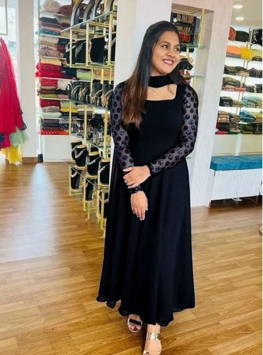 Georgette With Full Stitch With Embroidery Sleeve Work Dress
