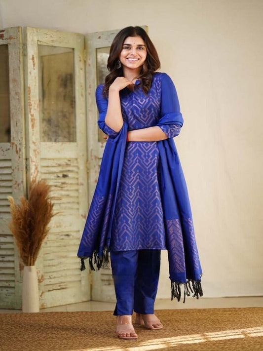 Copper Zari Weaving Silk Salwar Kameez With Dupatta