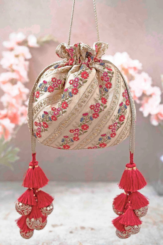Multicolor Embroidered silk Potli bag Drawstring Indian Potli Bag