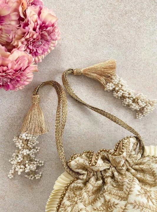Cream Embroidered Poly Silk Potli Bag