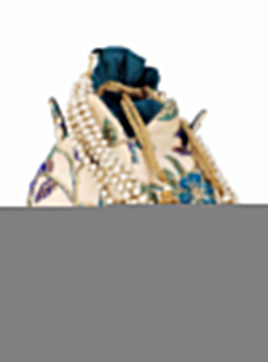 Lotus Cream and Turquoise Blue Floral Embroidered Faux Silk Potli