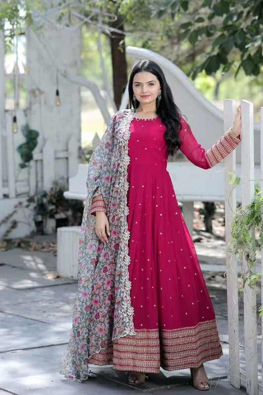 Faux Blooming With Embroidery Zari Sequence Work Long Top Dresses With Dupatta