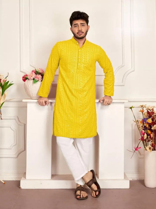 Heavy Rayon Chikan Work Kurta Pajama Set For Men's