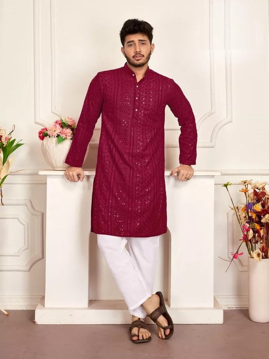 Heavy Rayon Chikan Work Kurta Pajama Set For Men's