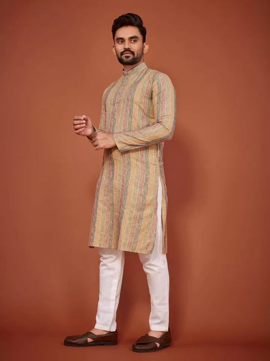 Linen Slub Strip Fancy With Sequence Work Kurta Pajama Set For Men's