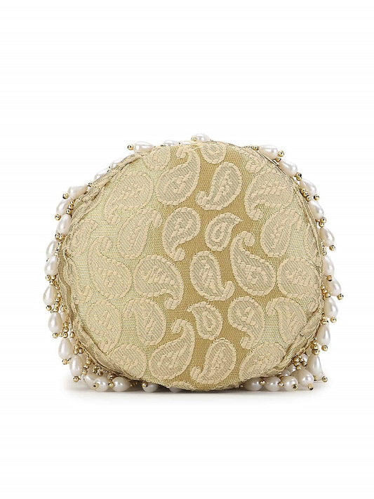 Gold & White Paisely Printed Embellished Brocade Potli Bag