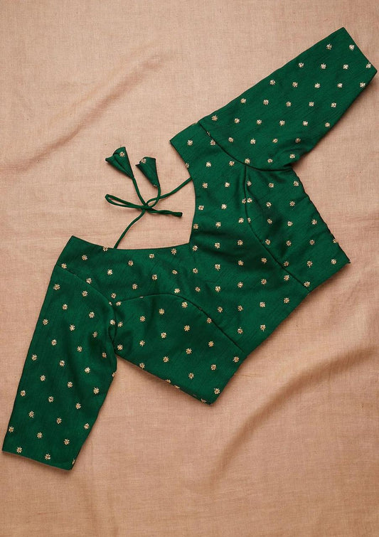 Green Readymade Saree Blouse, Golden Zari Blouse
