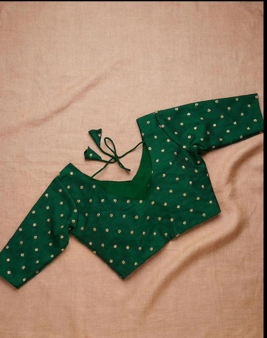 Green Readymade Saree Blouse, Golden Zari Blouse