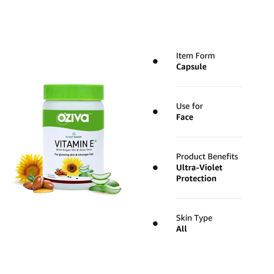 OZiva Plant Based Natural Vitamin E (With Argan oil + Aloe vera) - 30 Veg Capsules