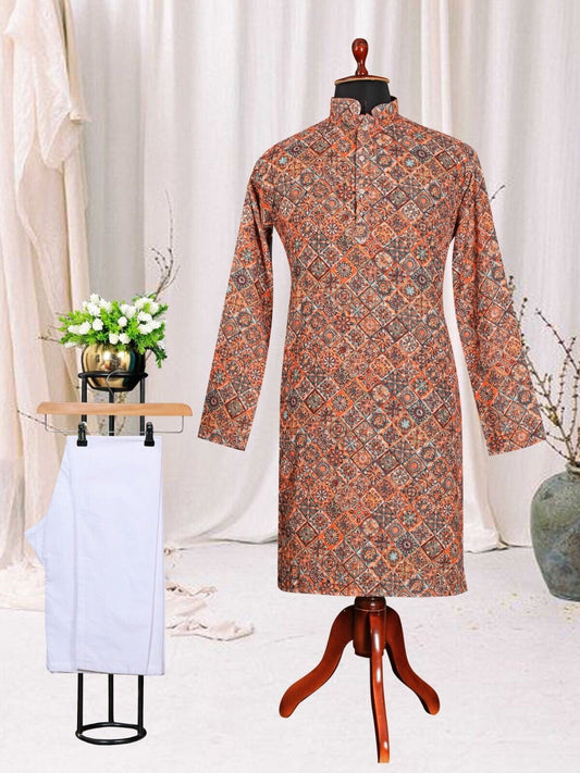 Men's Rayon Digital Print Work Kurta & Cotton Pajama
