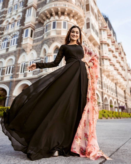 Black Faux Blooming Long Gown Dress With Dupatta