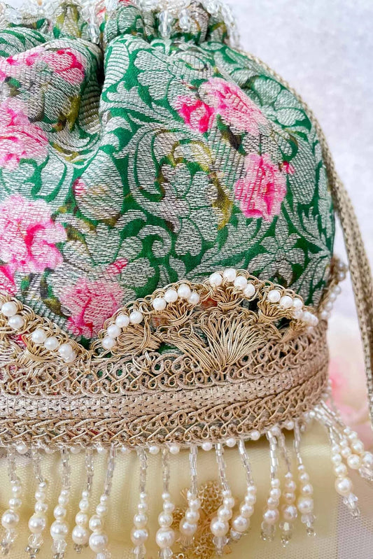 Green printed organza Potli bag